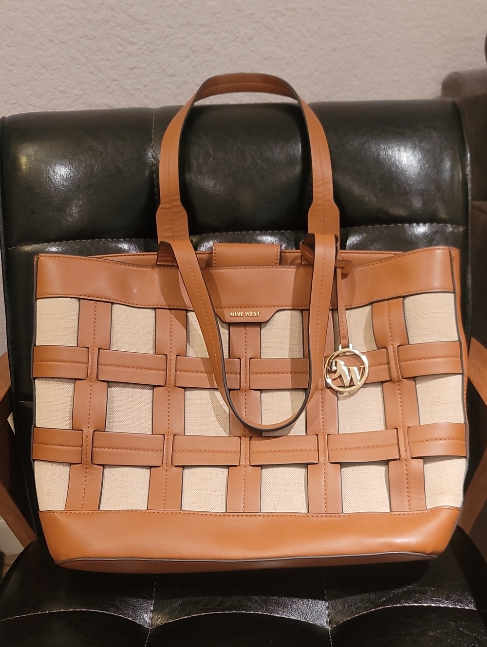 Nine West Tan and Cream Woven-Panel Tote